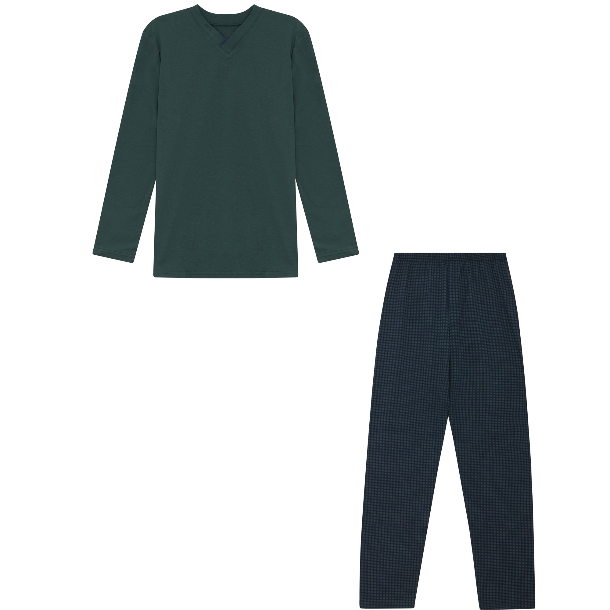 22W262M - V-Neck Loungewear Set with Checkered Pants