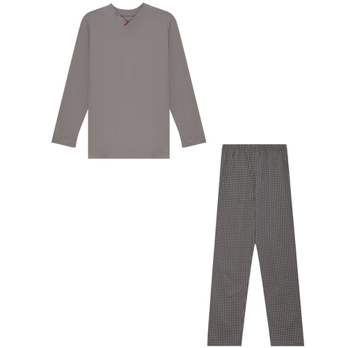 22W262M - V-Neck Loungewear Set with Checkered Pants