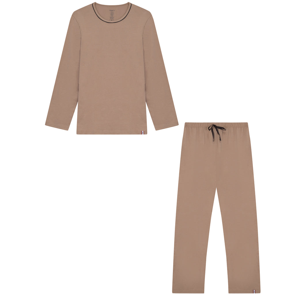 25W262M - Taupe Loungewear Set with Black Piping