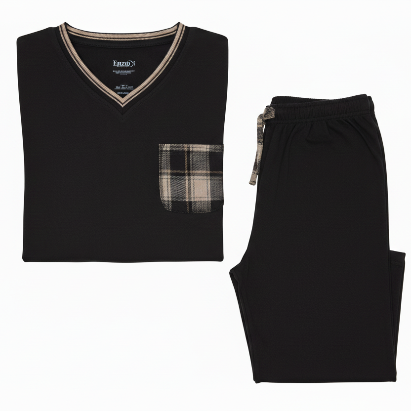 Black pajama set with Enzo label replacing original