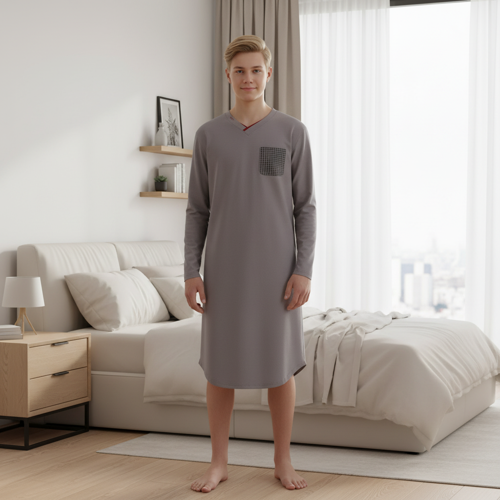 Blonde teenage boy wearing gray lounge dress
