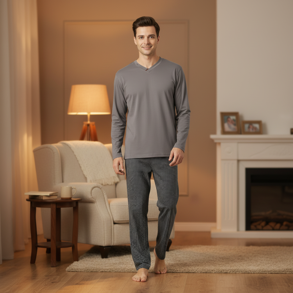 Gray pajama set indoors