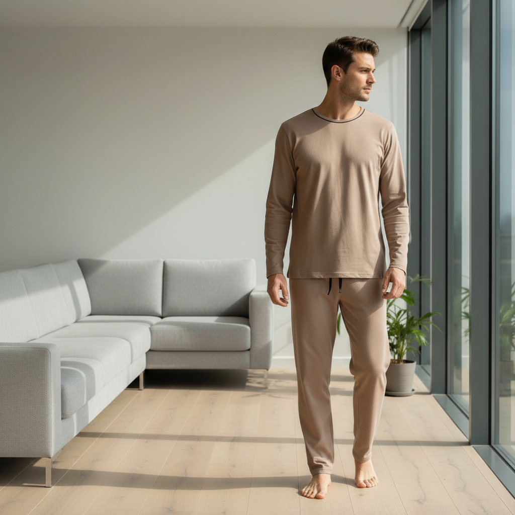 Man in beige pajamas - full frame no borders