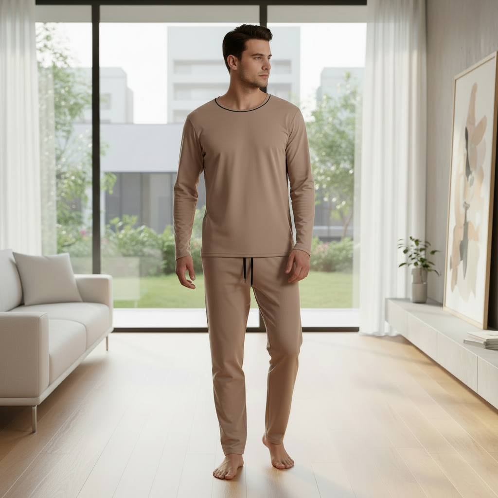 Man in beige pajamas natural pose - square