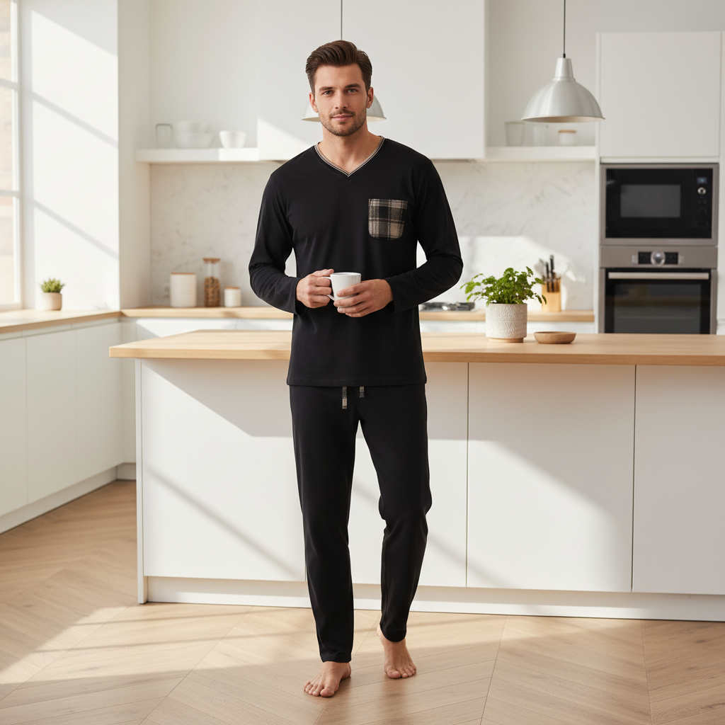 Man in black pajamas in kitchen - square format