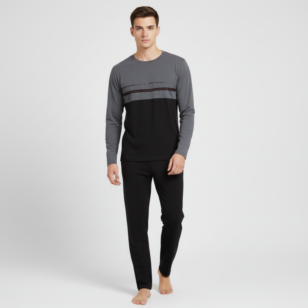 Man in gray and black pajamas natural pose - square