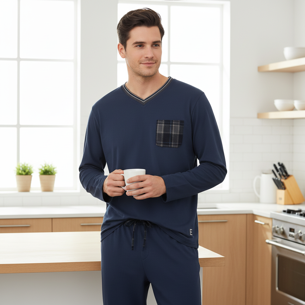 Man in navy pajamas with coffee in kitchen - square