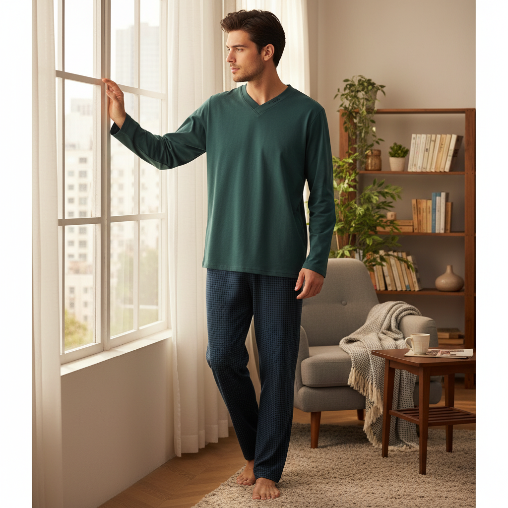 Man in teal Enzo pajamas in living room - square