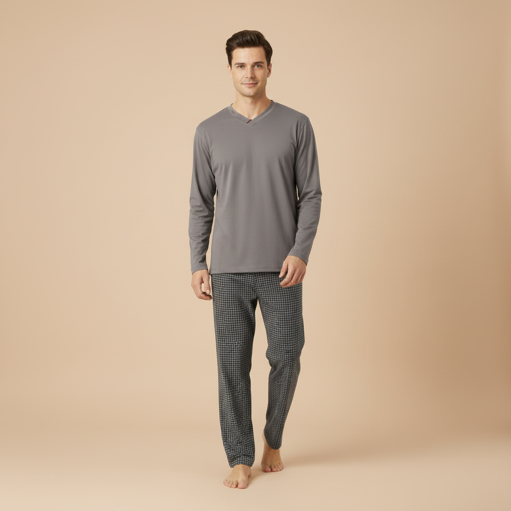Man wearing gray pajama set - square format