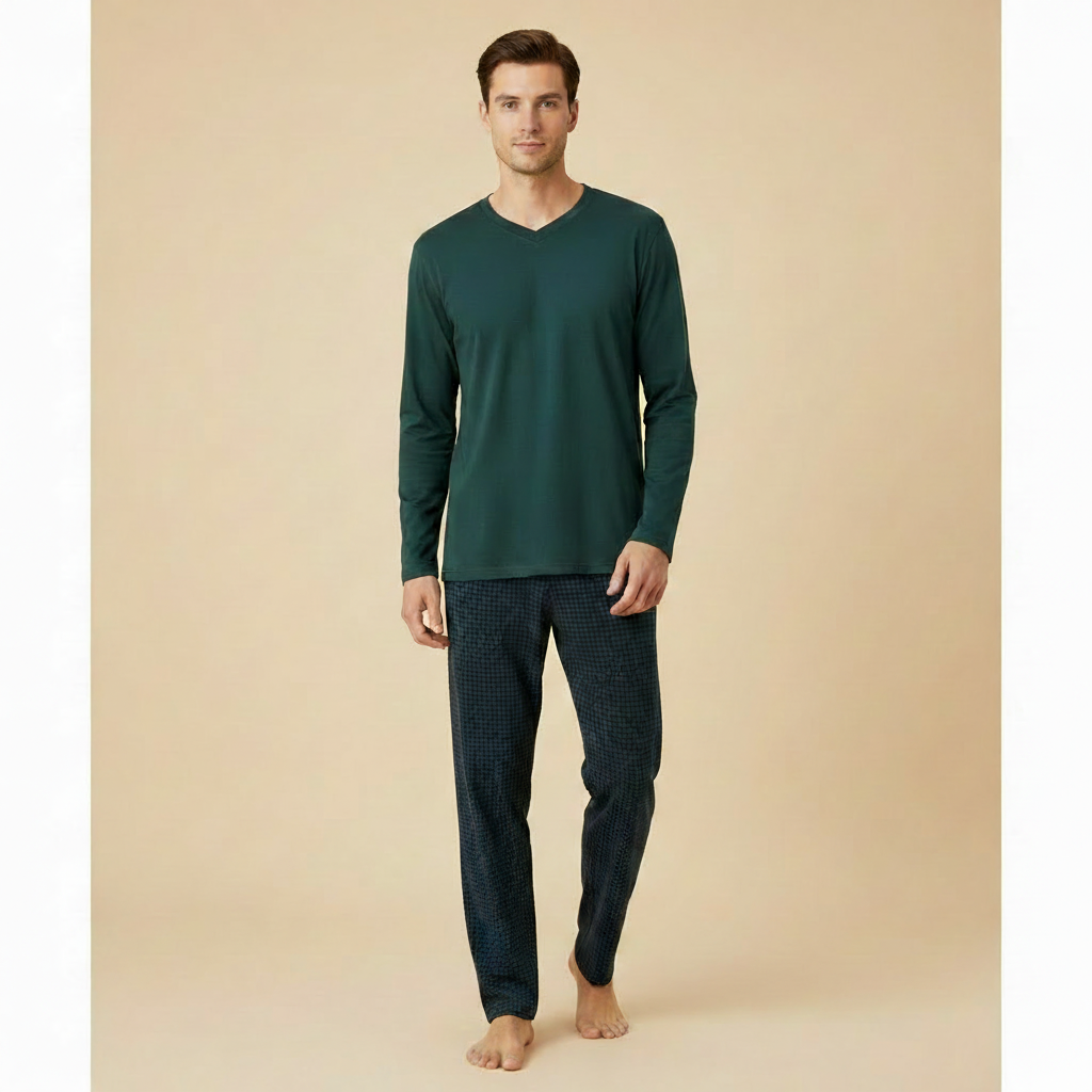 Man wearing teal Enzo pajama set - square format