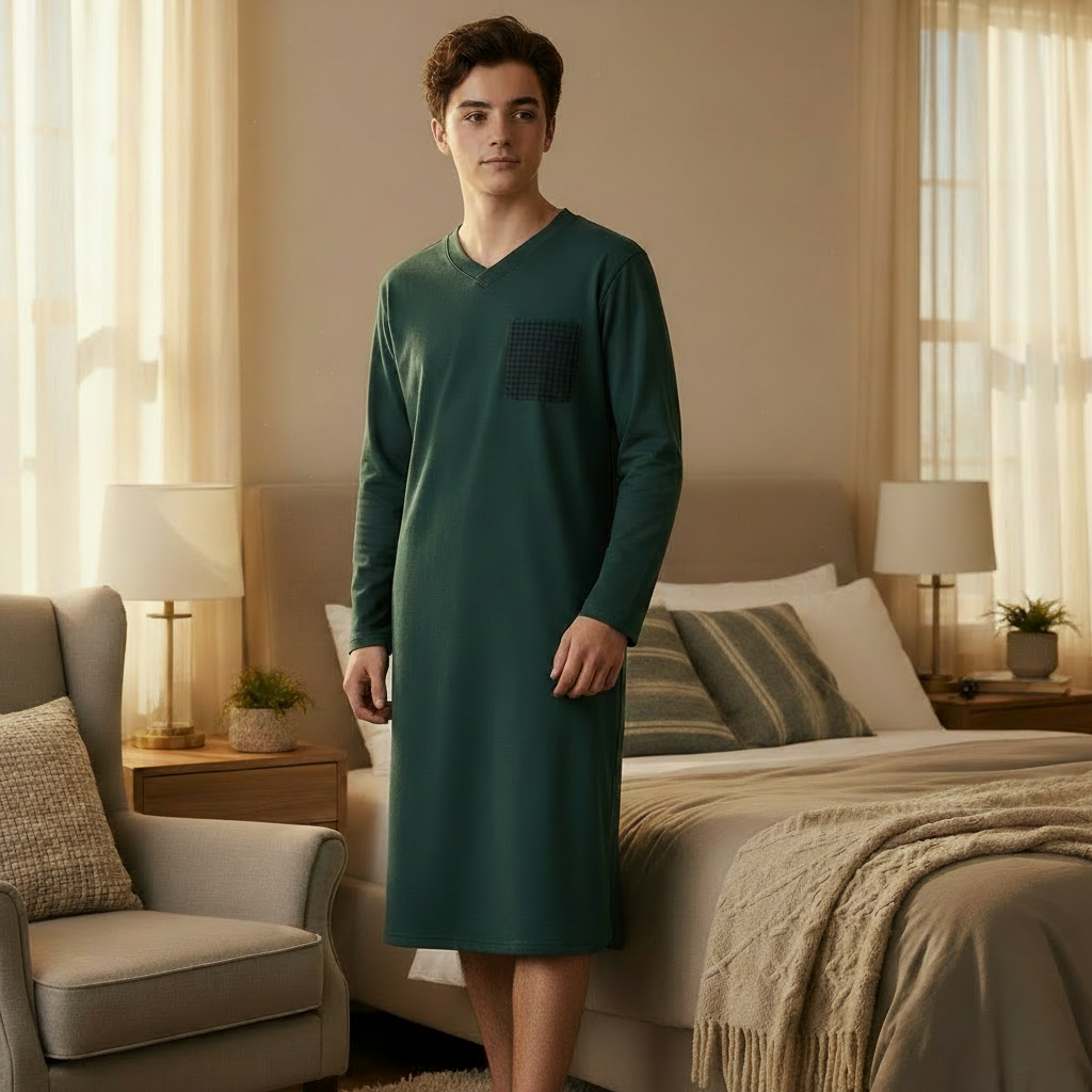 Teenage boy wearing dark green lounge dress with Enzo branding