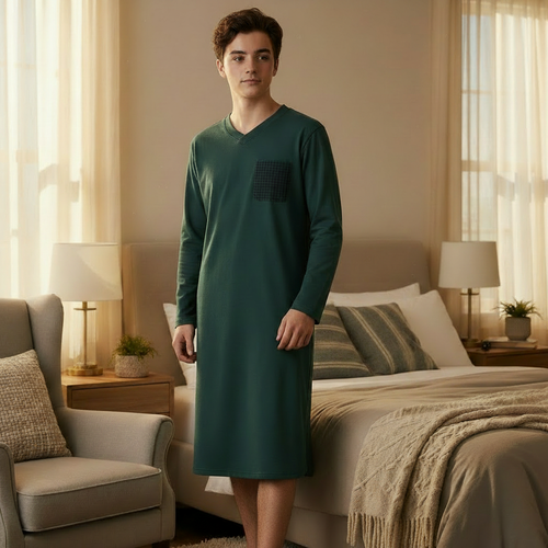 Teenage boy wearing dark green lounge dress with Enzo branding