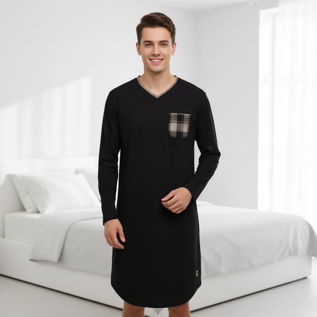 Young man in black lounge shirt dress - bedroom setting