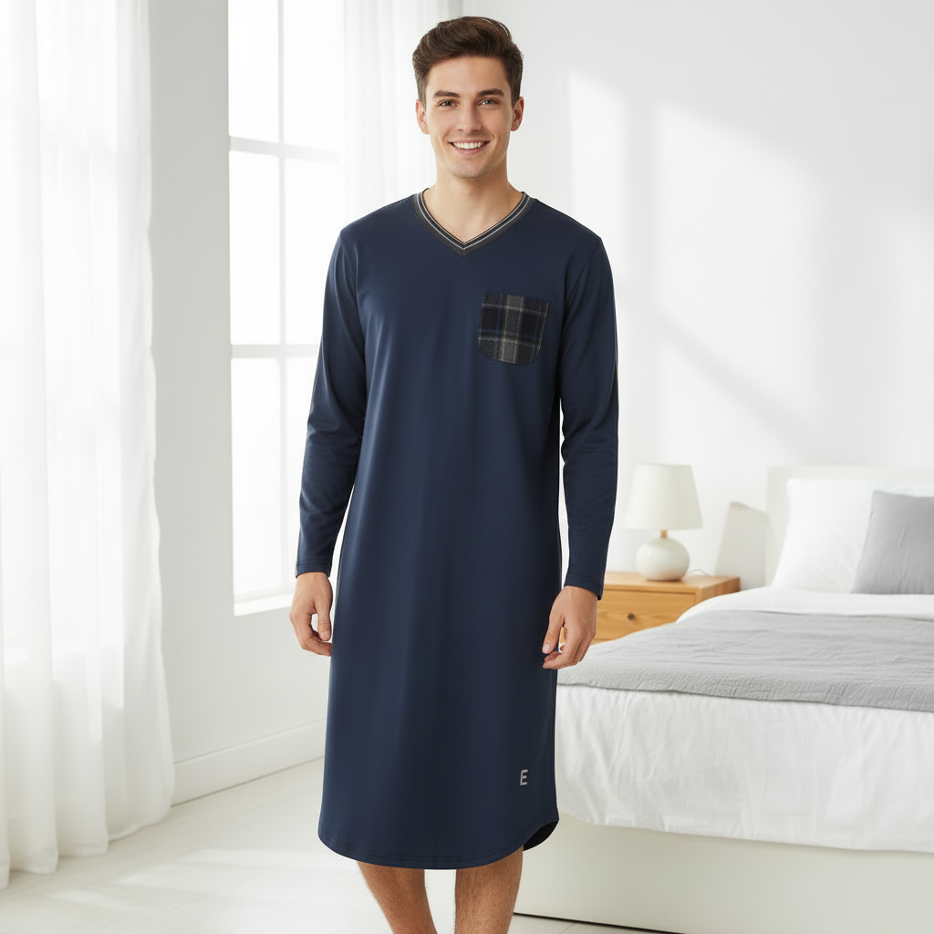Young man in navy lounge shirt dress - bedroom setting